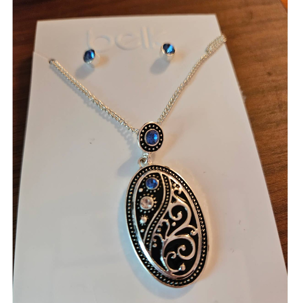 NEW! Belk Silver-Tone Necklace and Blue Rhinestone Stud Earrings Set